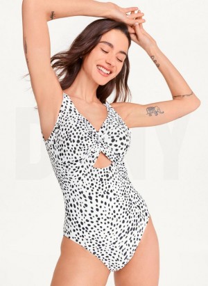 White Multicolor DKNY Deep V-Neck One-Piece Women's Swimsuits | Malaysia_D1088