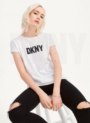 White / Black DKNY Foundation Logo Women's T Shirts | Malaysia_D1228