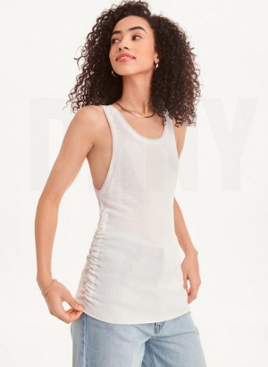 White / Silver DKNY Lurex Trim Ruched Sweater Women's Tank Top | Malaysia_D0152