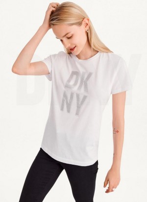 White / Silver DKNY Rhinestone Glitter Logo Women's T Shirts | Malaysia_D1889