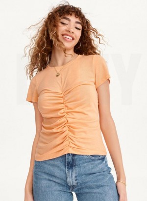 Yellow DKNY Ruched Front Crew Neck Women's T Shirts | Malaysia_D1826